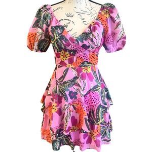 NWT Midnight Doll Pink Puff Sleeve Tropical Flower Tiered Mini Dress Size XS